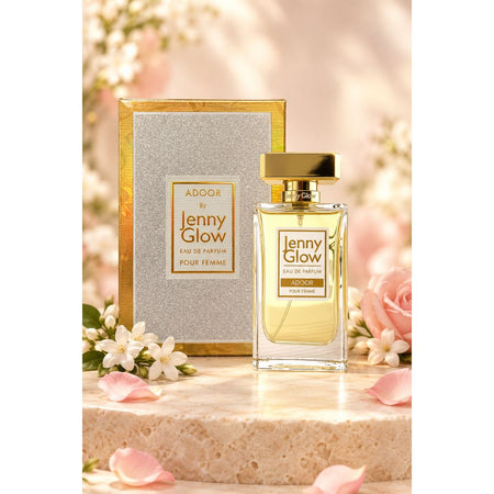 Jenny Glow Adoor Eau de Parfum Pour Femme 80ml bottle and packaging on a floral and marble background