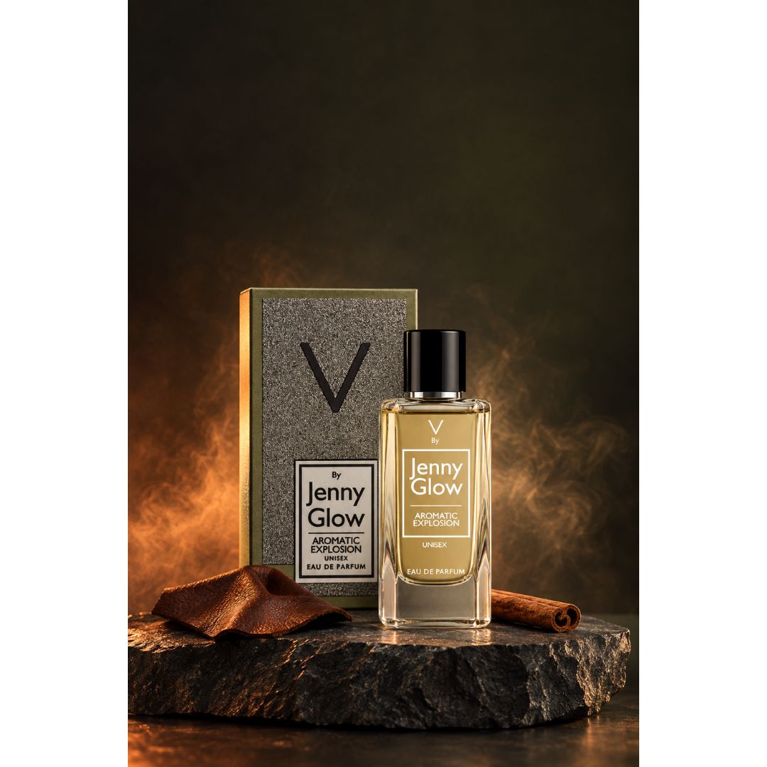 Jenny Glow Aromatic Explosion Unisex Eau de Parfum 80ml packaging and bottle on a smoky brown background