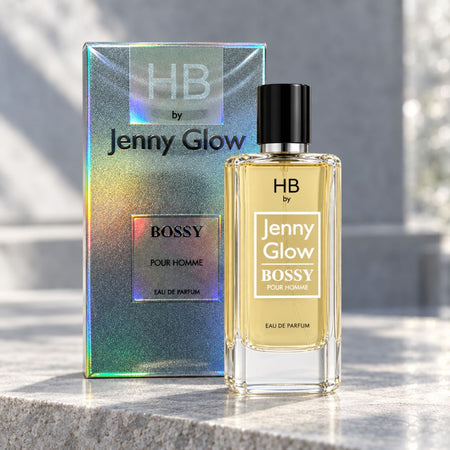 Jenny Glow Bossy Pour Homme Eau de Parfum 80ml bottle and packaging on a  grey marble background