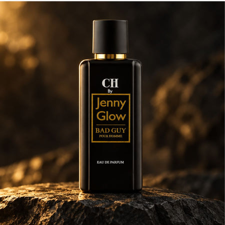 Jenny Glow Bad Guy Pour Homme Eau de Parfum 80ml bottle on a charcoal outdoor setting