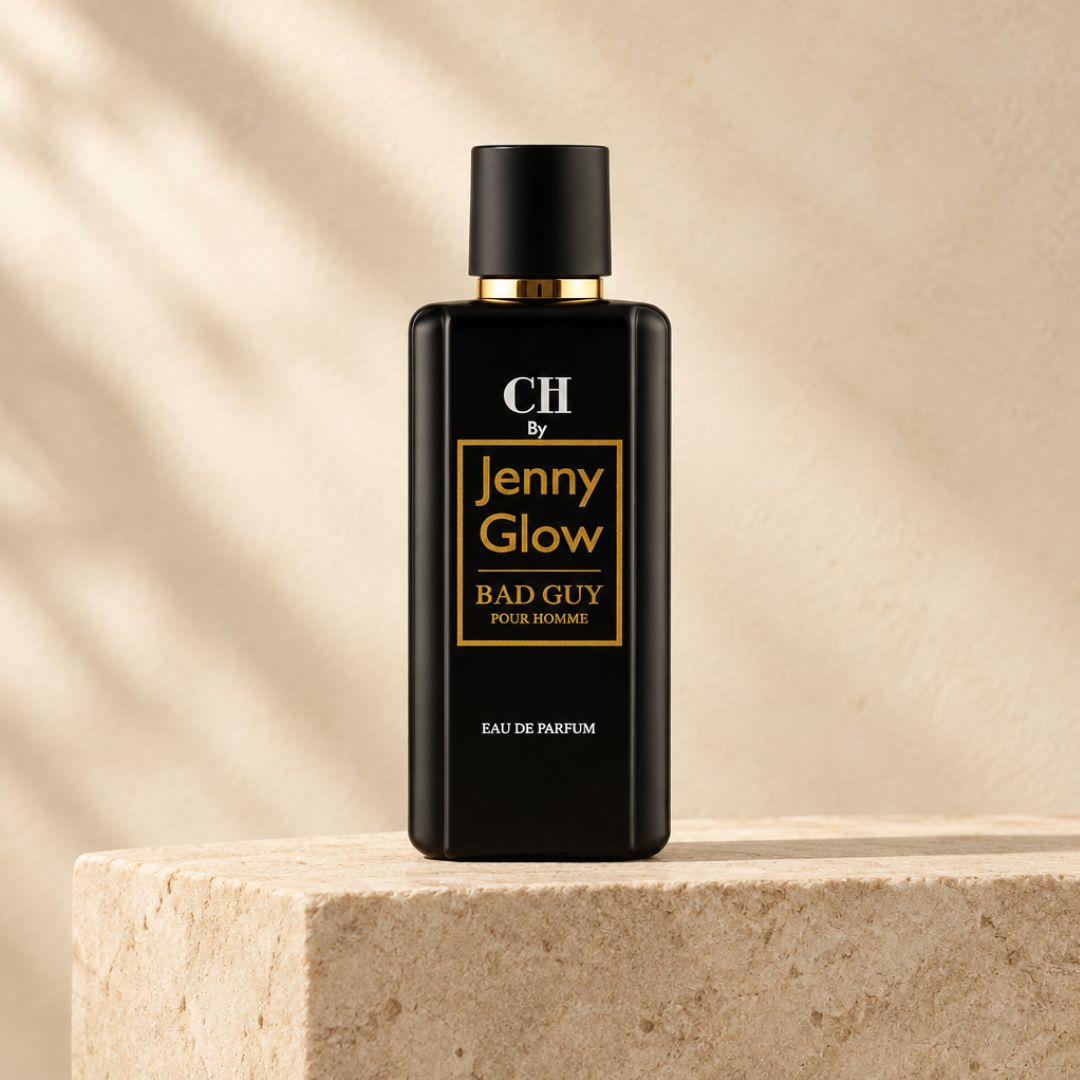 Jenny Glow Bad Guy Pour Homme Eau de Parfum 80ml bottle on a quartzite countertop background
