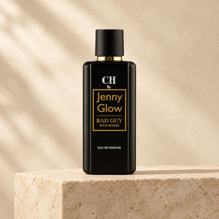 Jenny Glow Bad Guy Pour Homme Eau de Parfum 80ml bottle on a quartzite countertop background