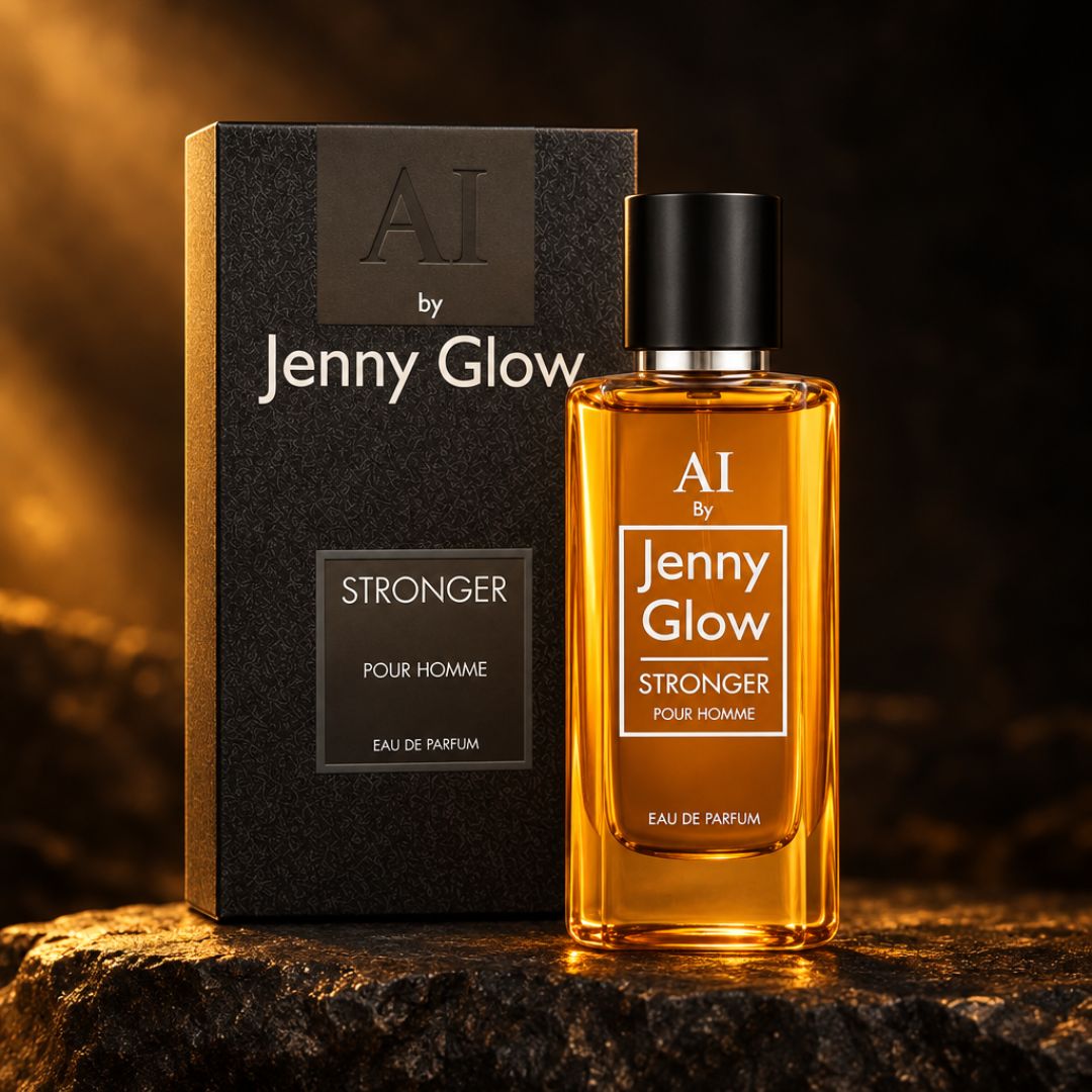 Jenny Glow Stronger Pour Homme Eau de Parfum 80ml bottle and packaging on a black slate background