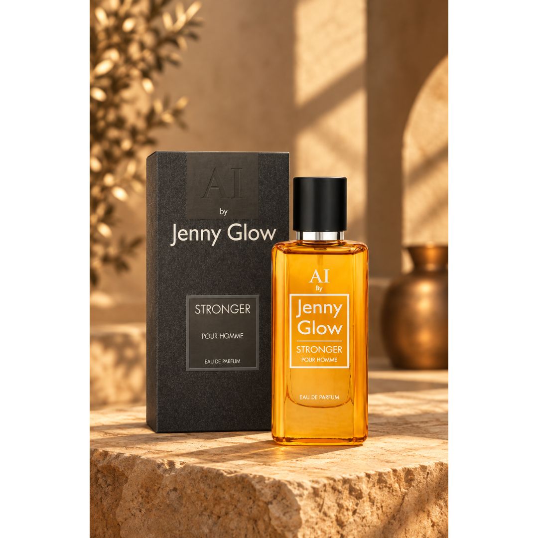 Jenny Glow Stronger Pour Homme Eau de Parfum 80mlbottle and packaging on a white stone countertop 