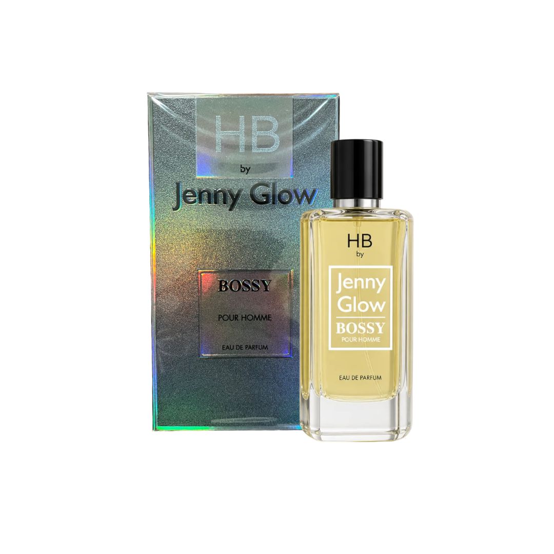 Jenny Glow Bossy Pour Homme Eau de Parfum 80ml bottle and packaging on a  white background
