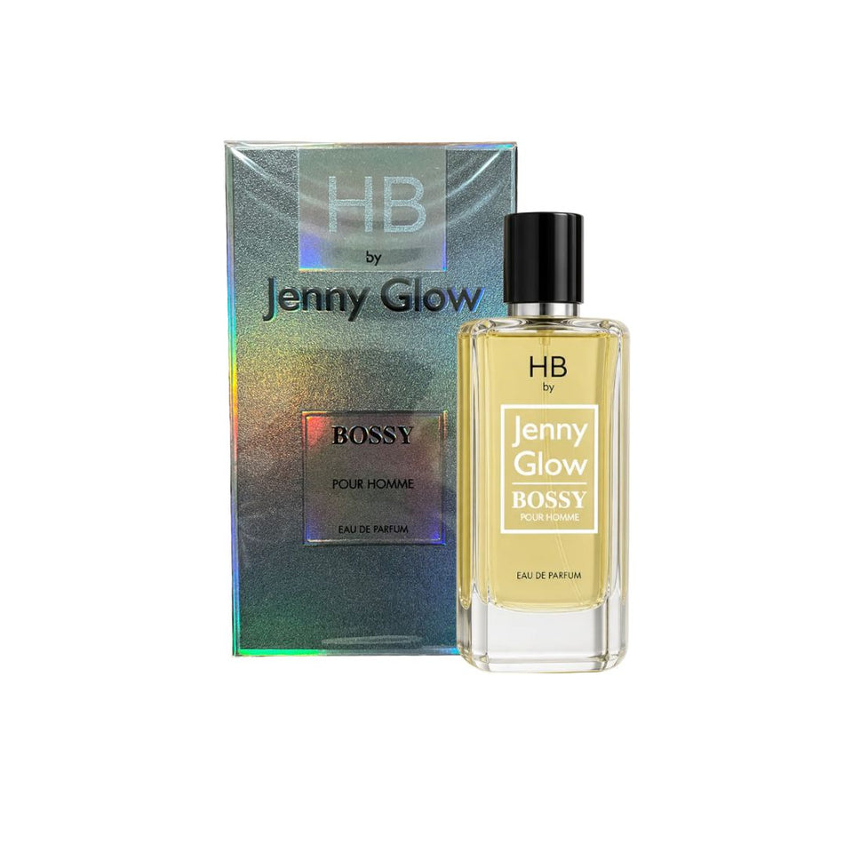 Jenny Glow Bossy Pour Homme Eau de Parfum 80ml bottle and packaging on a  white background