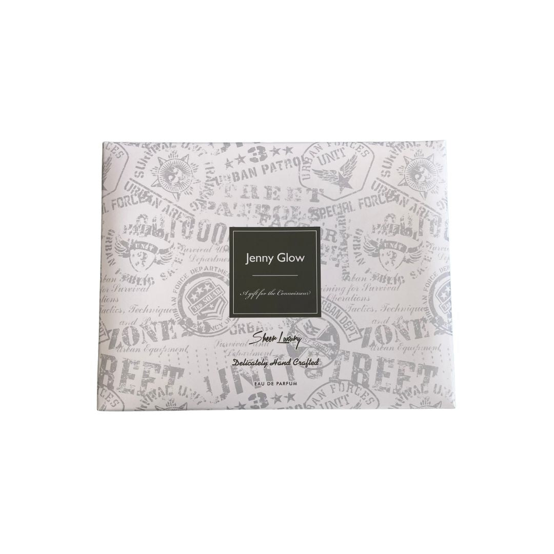 Jenny Glow fragrance giftset in its original packaging, featuring a white box with a gray vintage nautical pattern and a central black label.