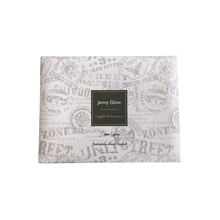 Jenny Glow fragrance giftset in its original packaging, featuring a white box with a gray vintage nautical pattern and a central black label.
