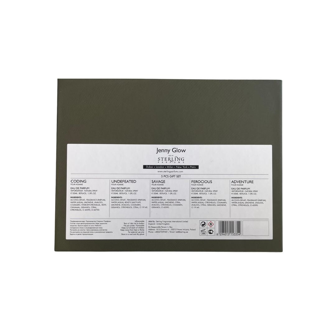 The back of a Jenny Glow Sterling plastic set box, showing product details, ingredients, and a barcode on a white background.