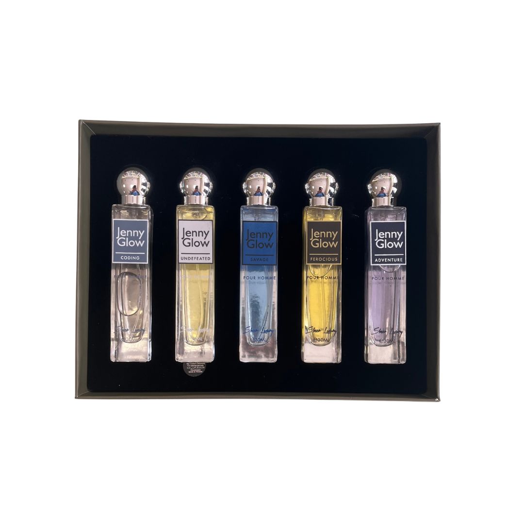 A 5-piece mini fragrance gift set by Jenny Glow, featuring five small glass perfume bottles with silver caps arranged in a black presentation box against a white background.