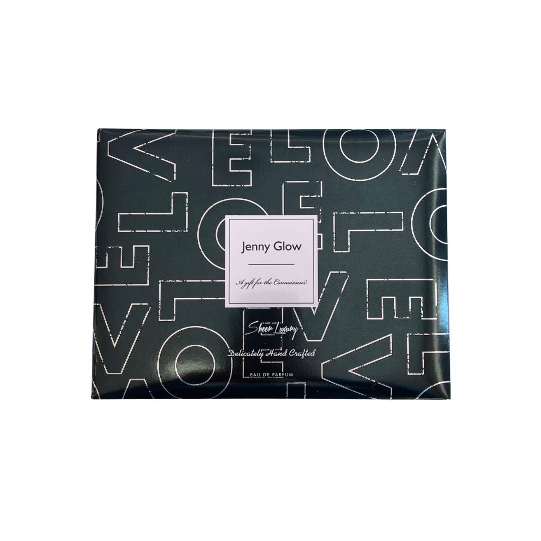 A rectangular product box for Jenny Glow Angel for the Occasionals, featuring a dark green background with a white typographic pattern of the word 'LOVE' and a central white label.