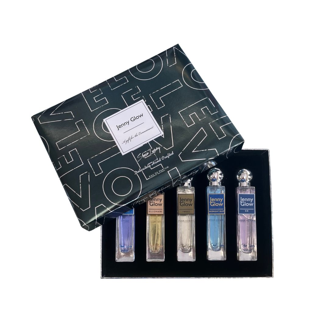 A boxed fragrance gift set on a white background, with a black presentation box partially open to reveal five small rectangular perfume or cologne bottles arranged in a black tray. The bottles have silver caps and different colored liquids, and the packaging and bottle labels show the brand name Jenny Glow.