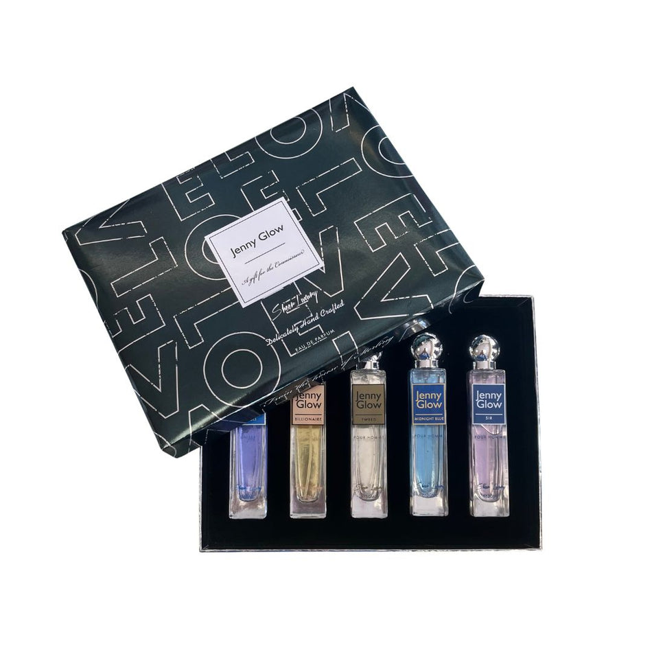A boxed fragrance gift set on a white background, with a black presentation box partially open to reveal five small rectangular perfume or cologne bottles arranged in a black tray. The bottles have silver caps and different colored liquids, and the packaging and bottle labels show the brand name Jenny Glow.