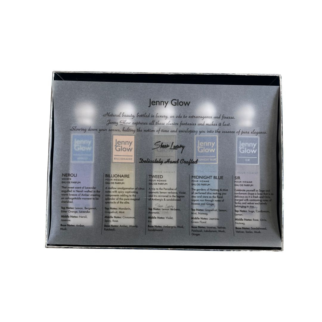 A boxed fragrance gift set labeled Jenny Glow, showing multiple scented bottles arranged inside a dark presentation box on a plain white background.