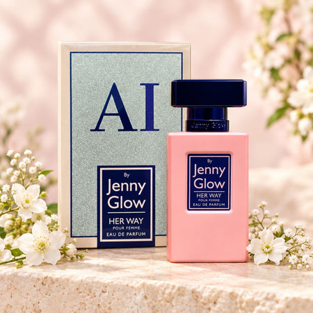 Jenny Glow Her Way Pour Femme Eau de Parfum 80ml bottle and packaging on a marble countertop with a floral background