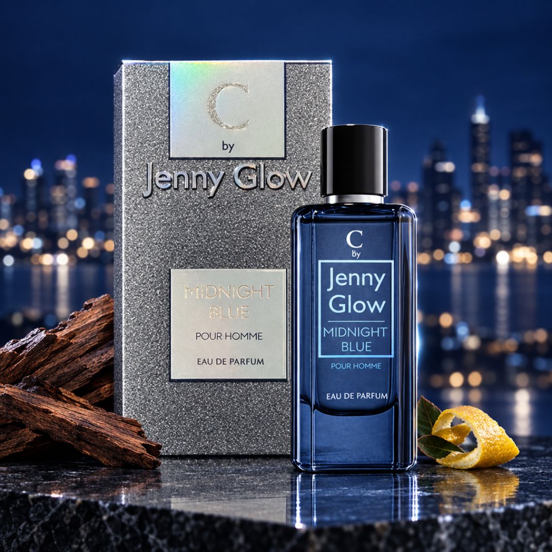 Jenny Glow Midnight Blue Pour Homme Eau De Parfum 80ml on a nighttime city scape background
