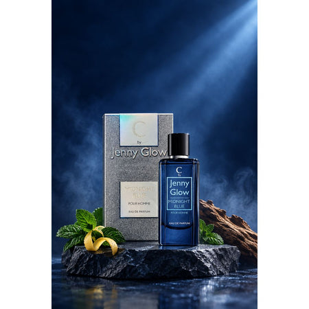 Jenny Glow Midnight Blue Pour Homme Eau De Parfum 80ml on a smoky navy blue background