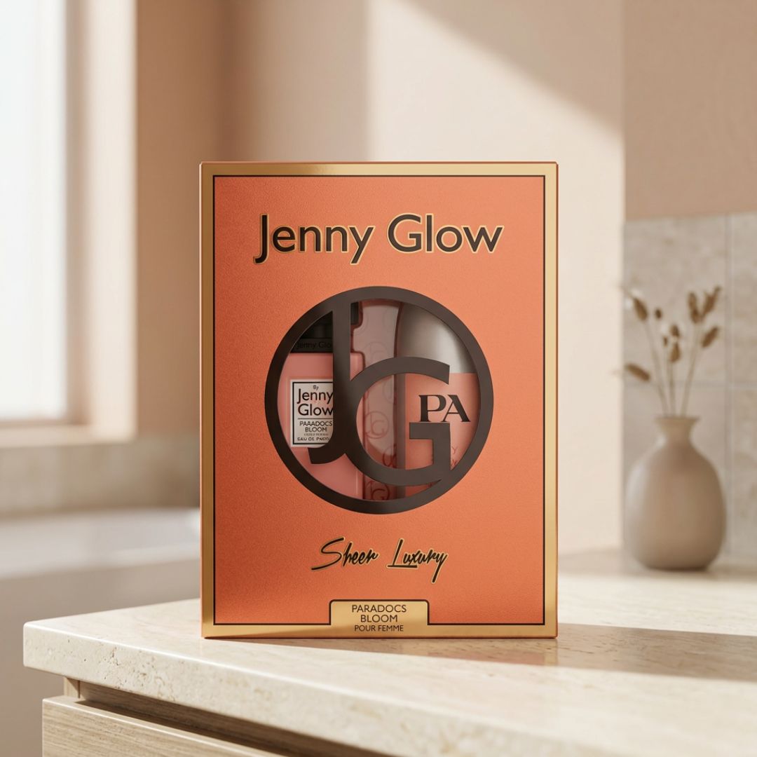 Jenny Glow Paradocs Bloom Pour Femme Gift Set on a countertop 