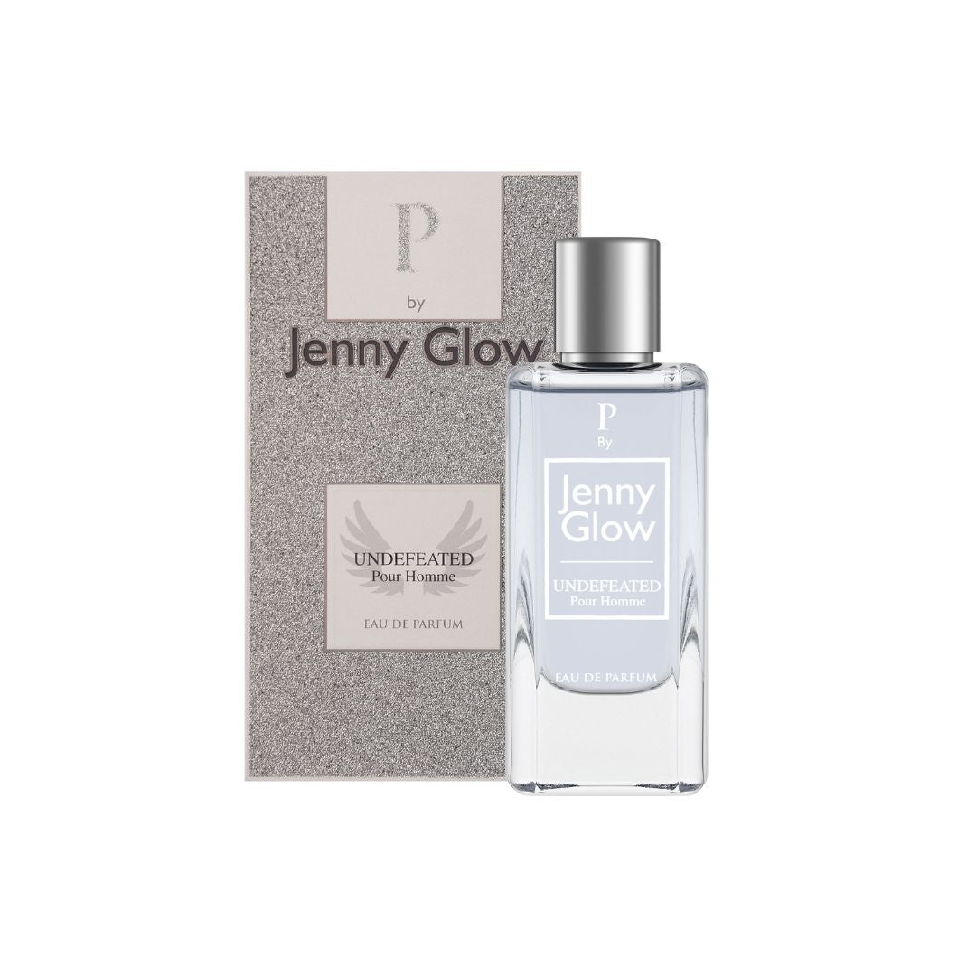 Jenny Glow Undefeated Pour Homme Eau de Parfum 80ml packaging and bottle on a white background