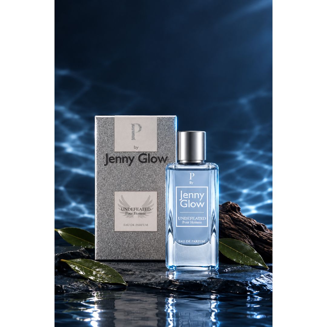 Jenny Glow Undefeated Pour Homme Eau de Parfum 80ml packaging and bottle on a blue water background