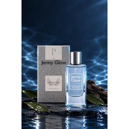 Jenny Glow Undefeated Pour Homme Eau de Parfum 80ml packaging and bottle on a blue water background