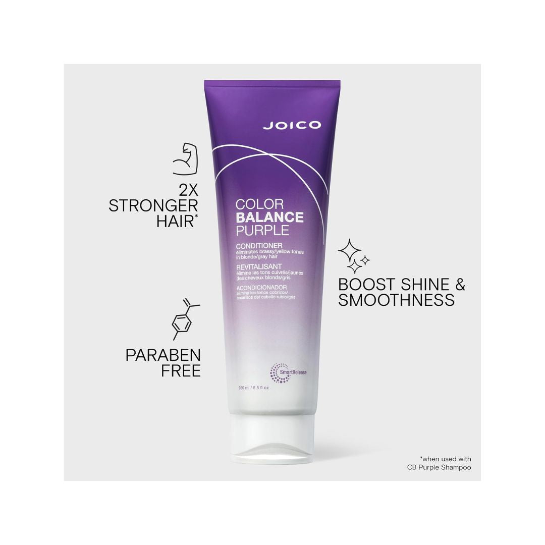 Joico Color Balance Purple Conditioner container on a grey background with product benefits surrounding it