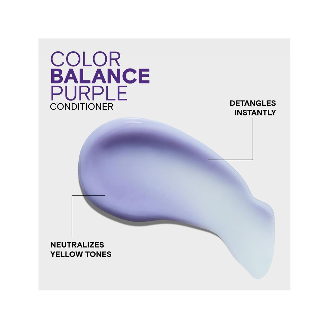 Joico Color Balance Purple Conditioner spread out onto a grey background with product information 