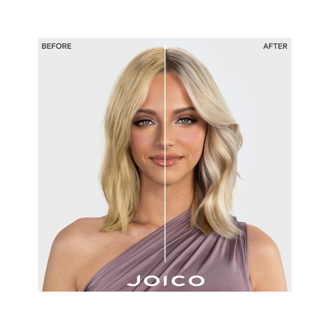 Joico Color Balance Purple Conditioner picture of a woman before and after using the product with a notable difference in hair tone