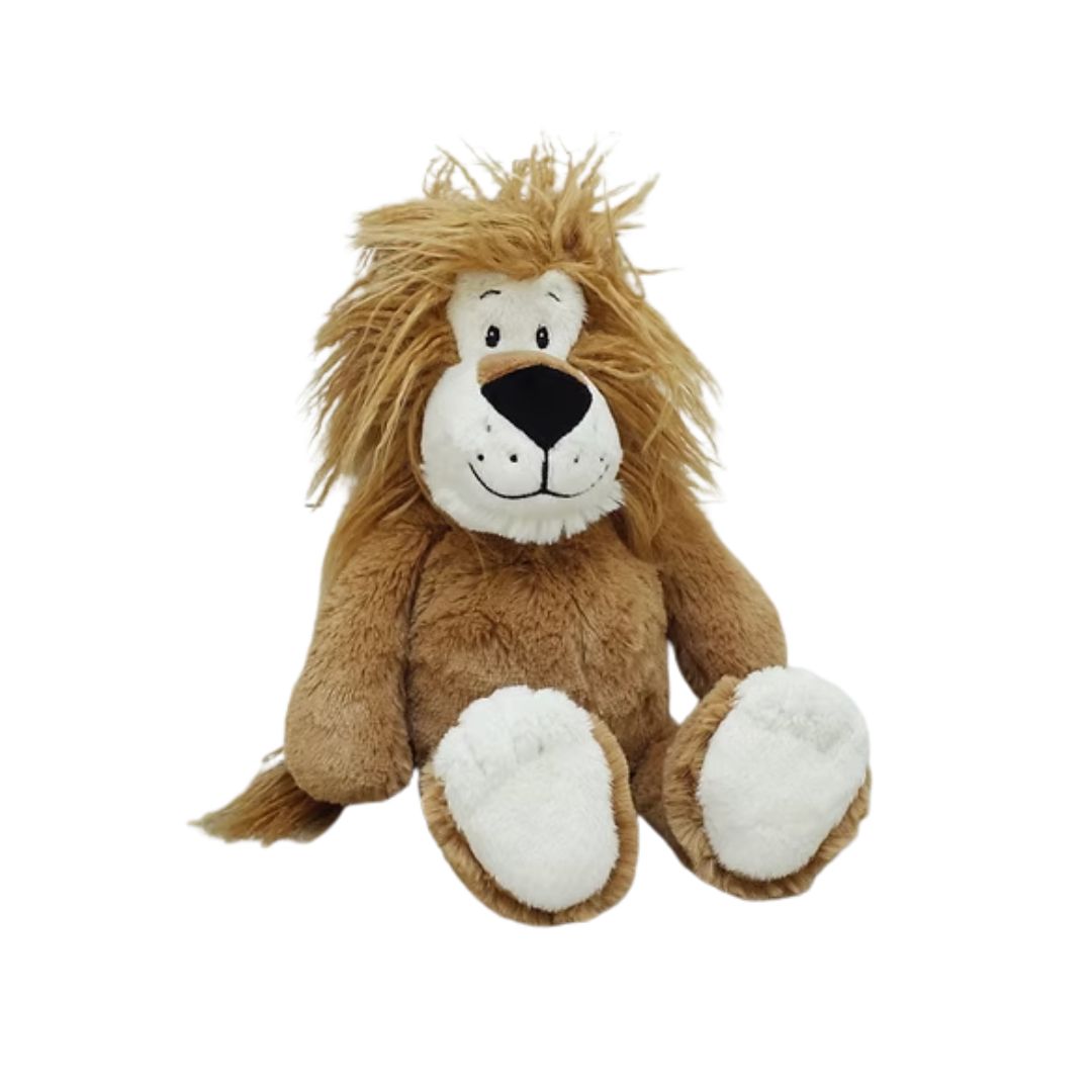 A plush lion toy with a golden-brown mane, white muzzle and feet, and a black nose, photographed on a plain white background.