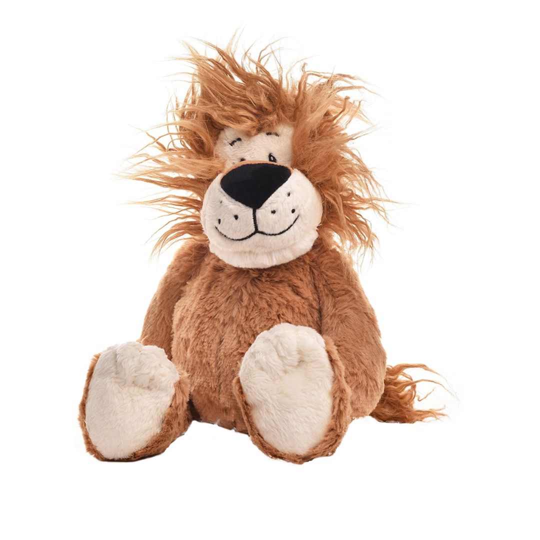 A plush lion toy with a brown body, fluffy brown mane, cream-colored snout and paws, and a black embroidered nose, photographed on a plain white background.