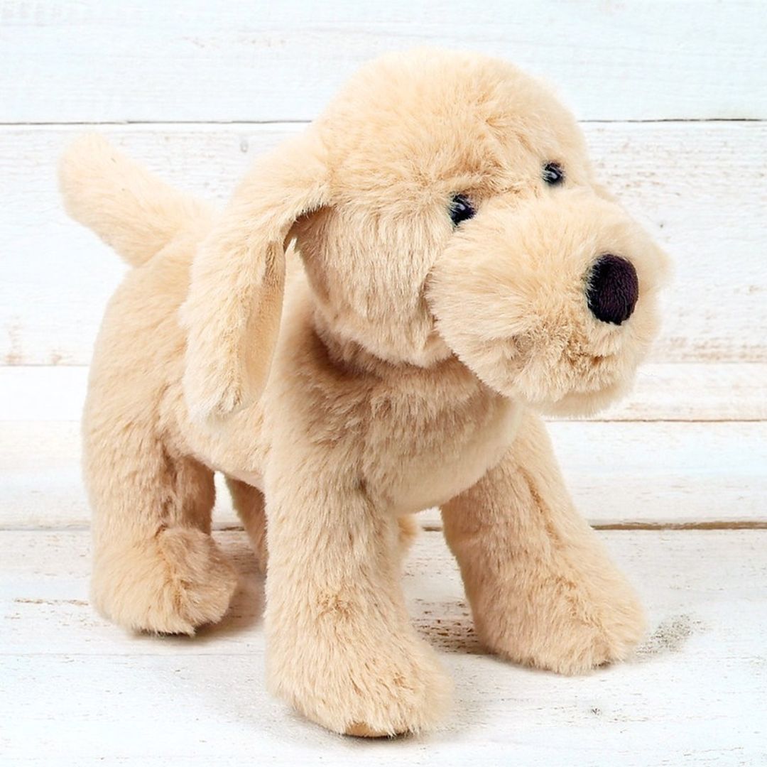 A plush golden retriever dog toy with soft cream-colored faux fur, black bead eyes, and a black nose, standing on a white wooden plank surface.