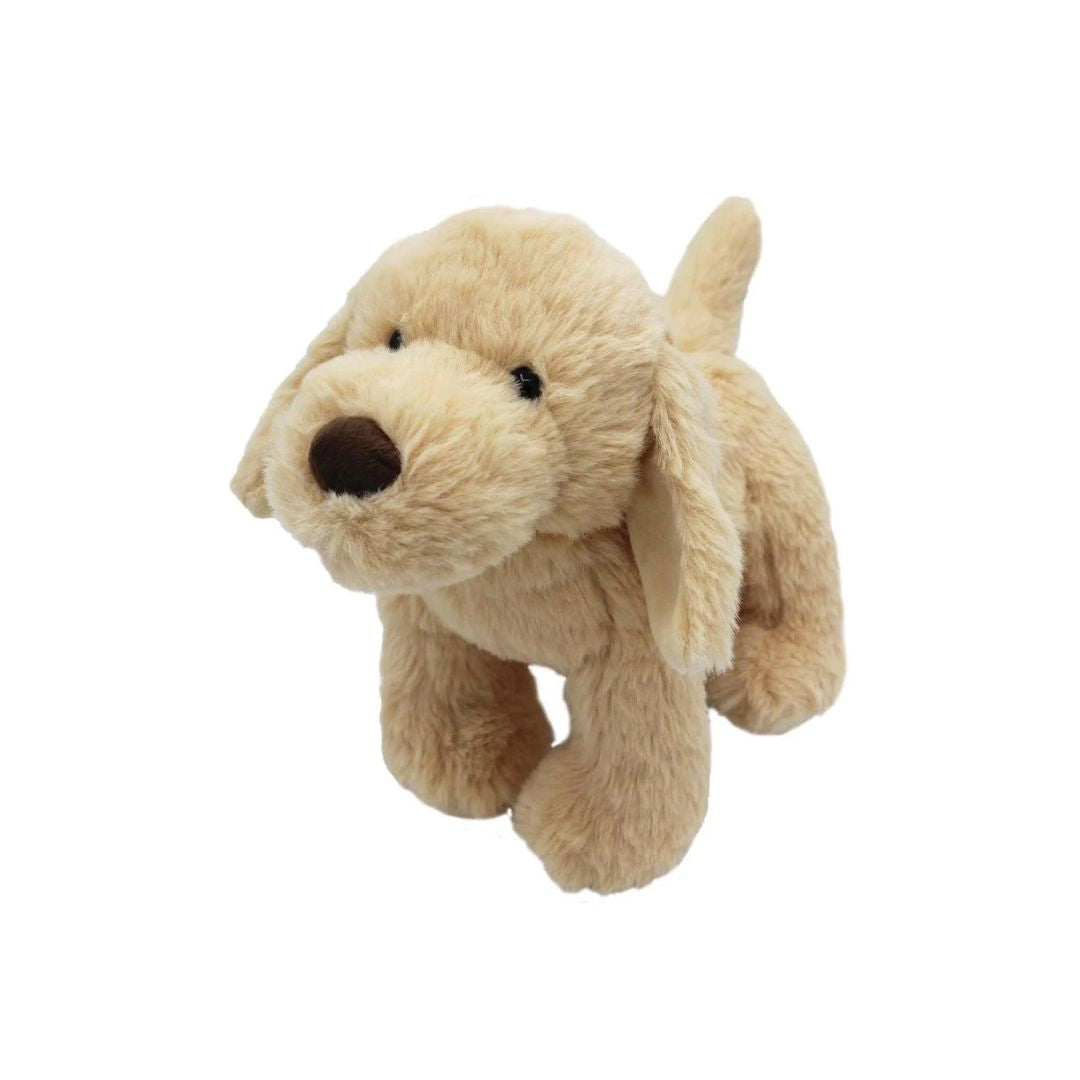 A plush puppy toy in light tan with a dark brown nose and black eyes, photographed against a solid white background.