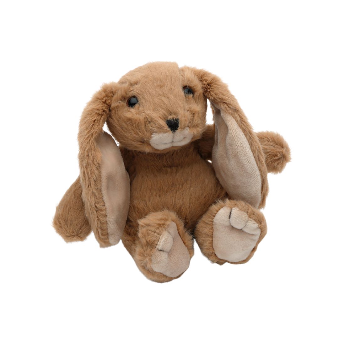 A brown plush bunny toy with long floppy ears, black bead eyes, a black nose, and cream-colored inner ears, muzzle, and paw pads, shown against a plain white background.