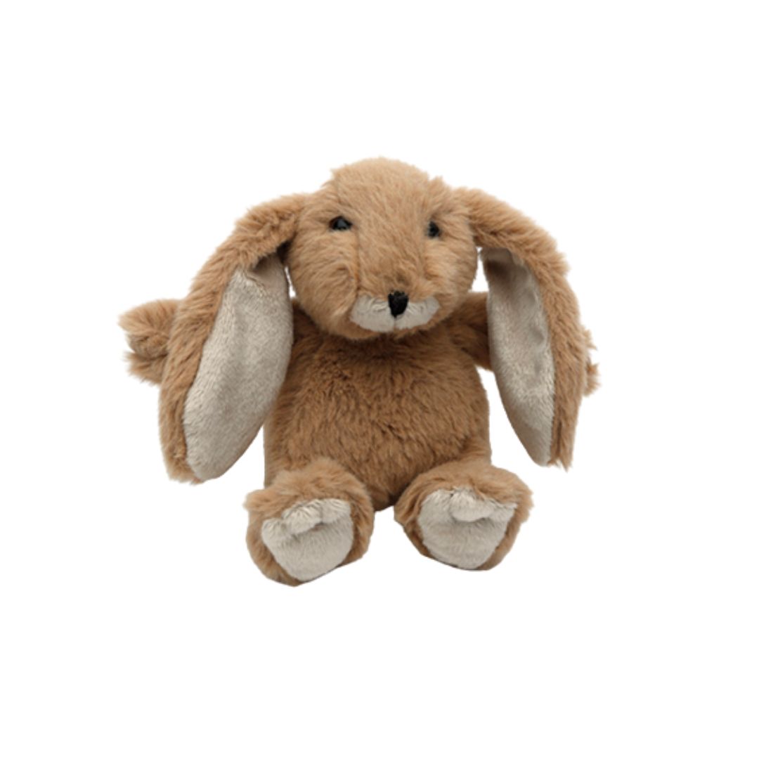 A plush bunny toy in light brown with cream-colored inner ears, muzzle, and paw pads, photographed against a solid white background.