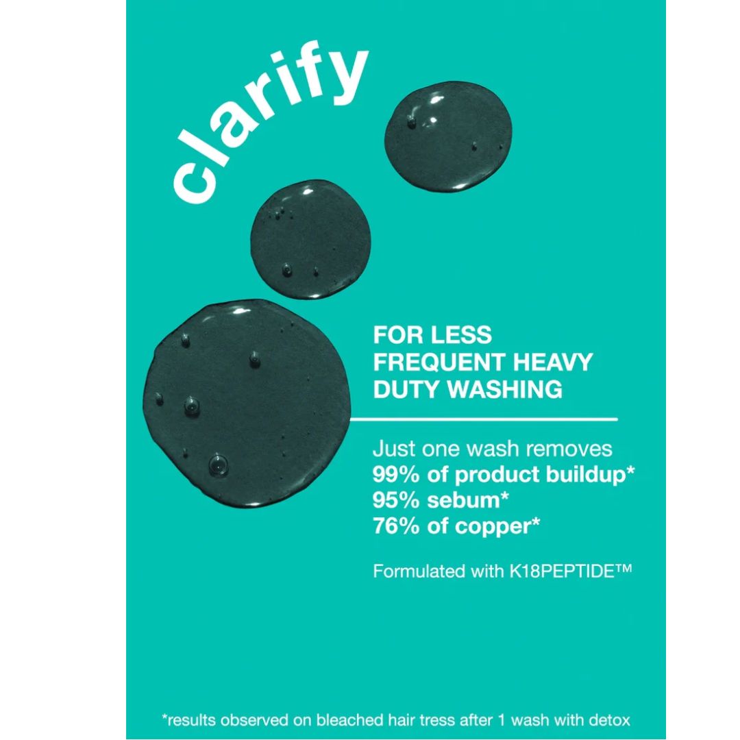 A teal product information card for 'clarify' hair building product, featuring three glossy dark green liquid droplets and white text detailing benefits for less frequent heavy duty washing.