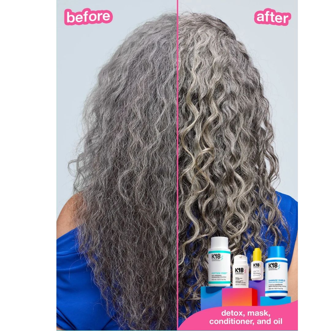 Before-and-after hair product comparison showing a person from the back with long curly gray hair, split down the middle. The left side is labeled 'before' and appears dry and frizzy, while the right side is labeled 'after' and appears smoother and shinier.