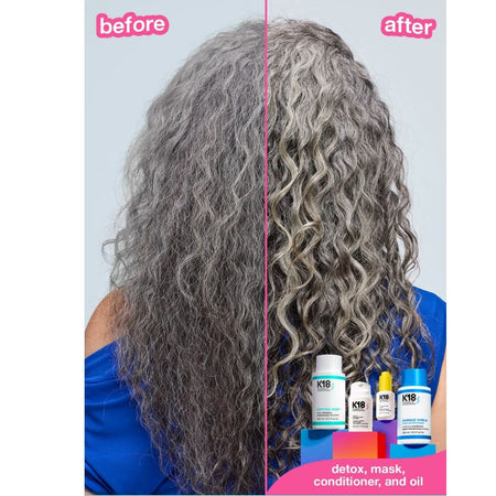 Before-and-after hair product comparison showing a person from the back with long curly gray hair, split down the middle. The left side is labeled 'before' and appears dry and frizzy, while the right side is labeled 'after' and appears smoother and shinier.