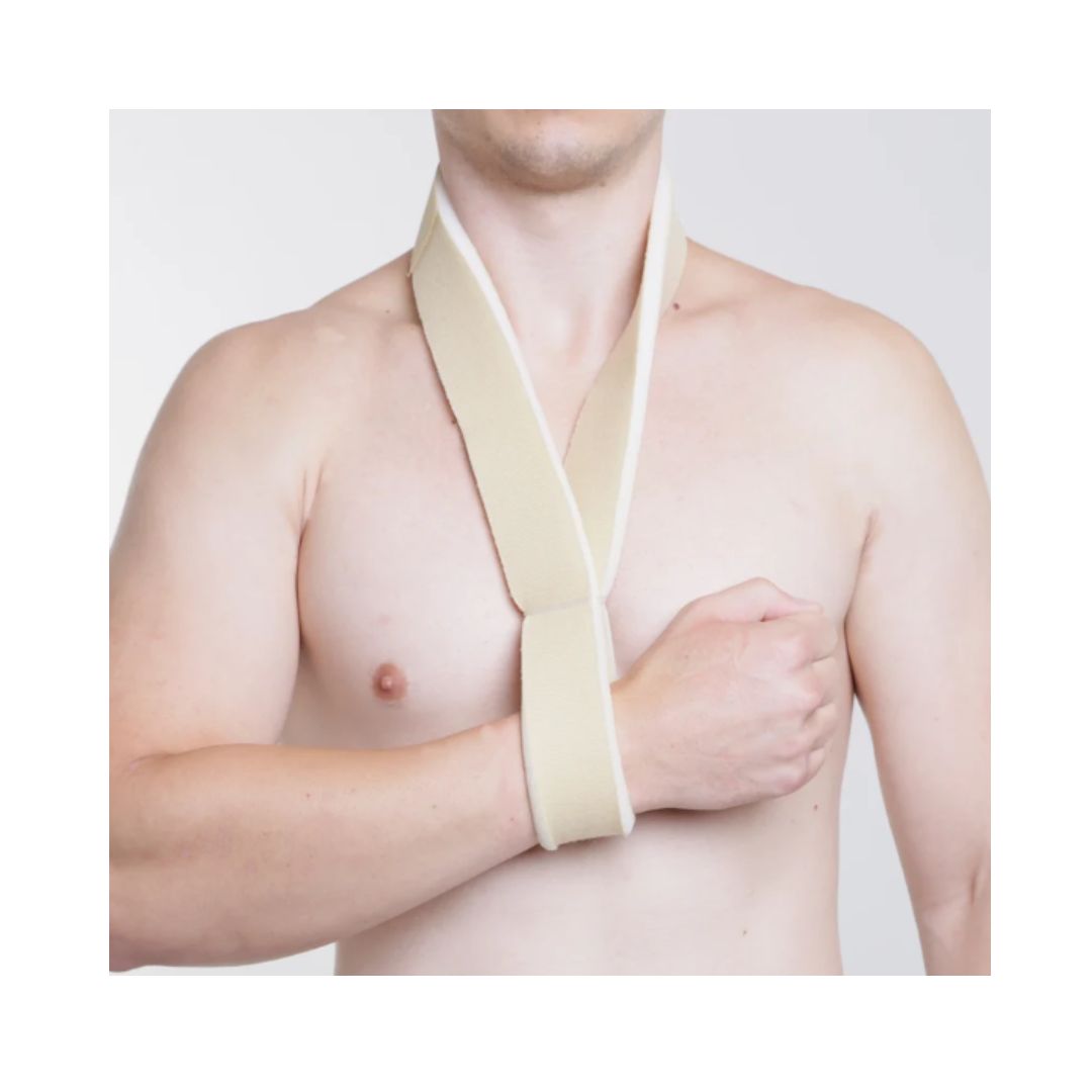 Alternative angle of kedley foam arm sling on model