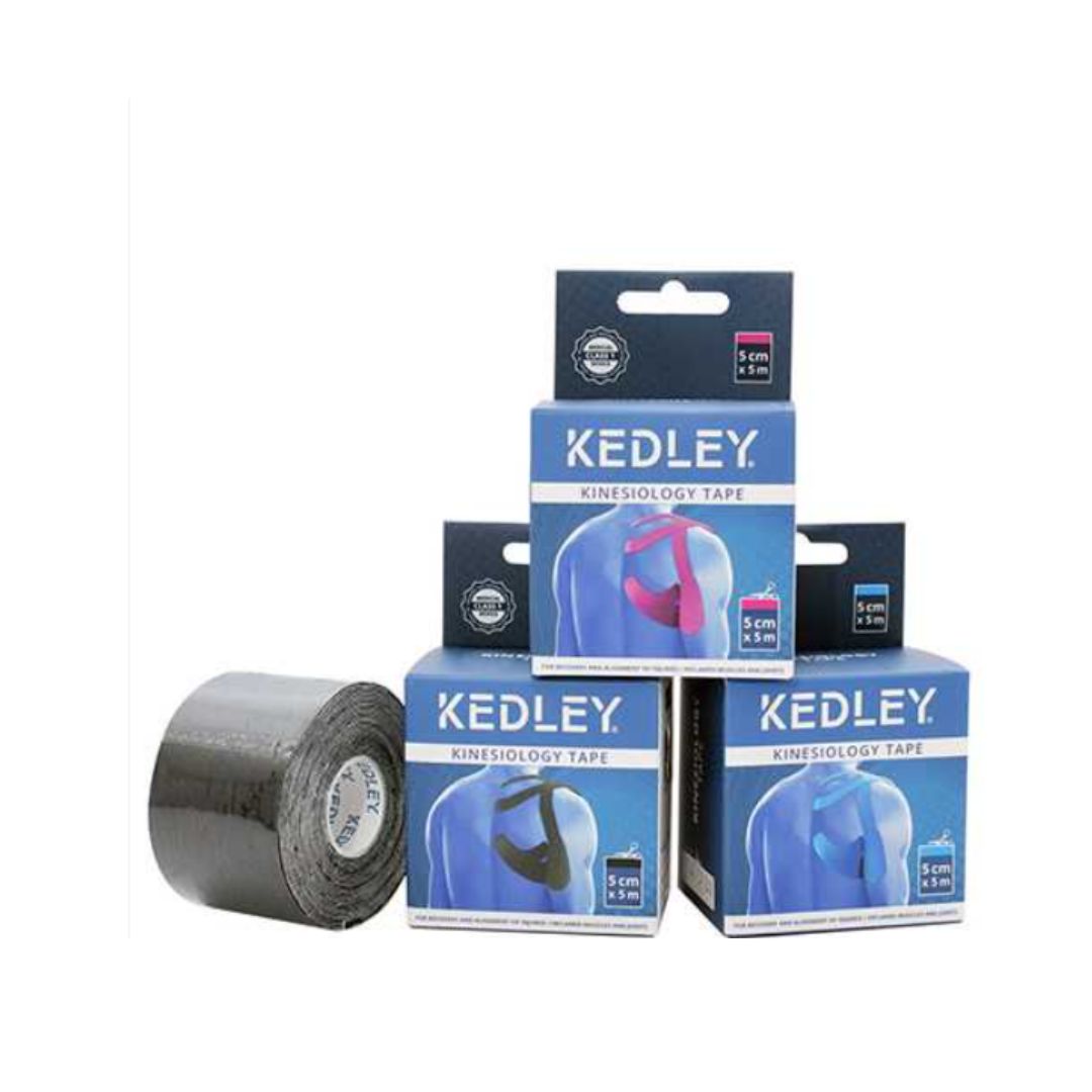 Kedley Kinesiology tape packagings with tape roll beside them
