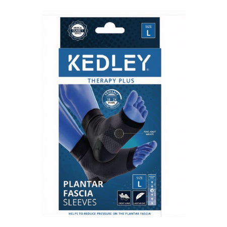 Kedley Therapy Plus Plantar Fascia Sleeves in size L, shown in its retail packaging with a graphic of a black compression sleeve on a foot.