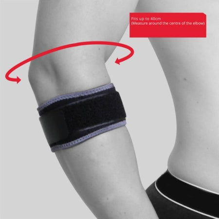 Elbow brace being worn on a person's arm with measurement information.