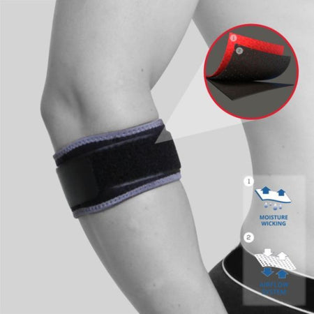 Black elbow support on a person's arm with close-up details and text about moisture wicking and airflow.