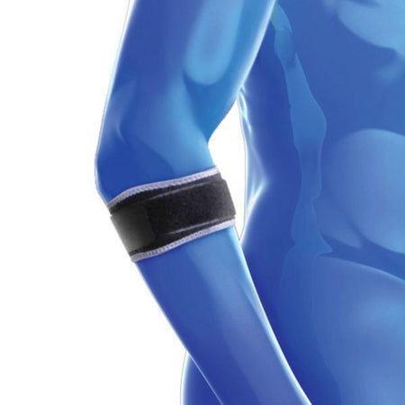 Blue arm with a black bandage on a white background