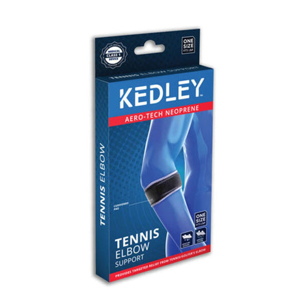 A retail package of Kedley Tennis Elbow Support neoprene sleeves, shown in its blue cardboard box with a graphic of a blue arm with a black sleeve on the elbow.