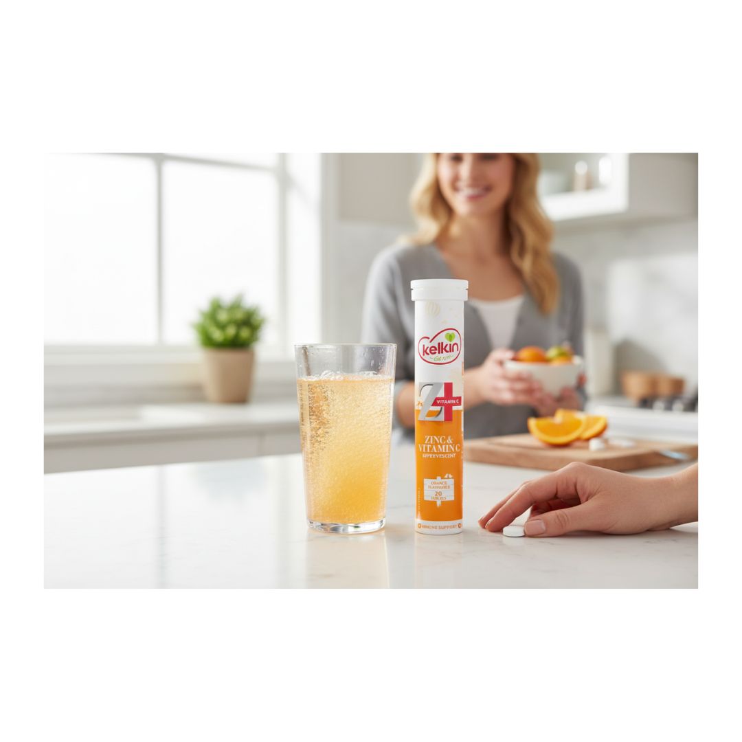 Kelkin Zinc and Vitamin C Effervescent dissolving in a glass of water on a kitchen countertop