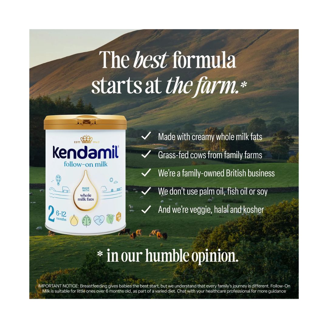 Kendamil Classic Follow On Milk Stage 2 container on a green grassy background with key product information to the right