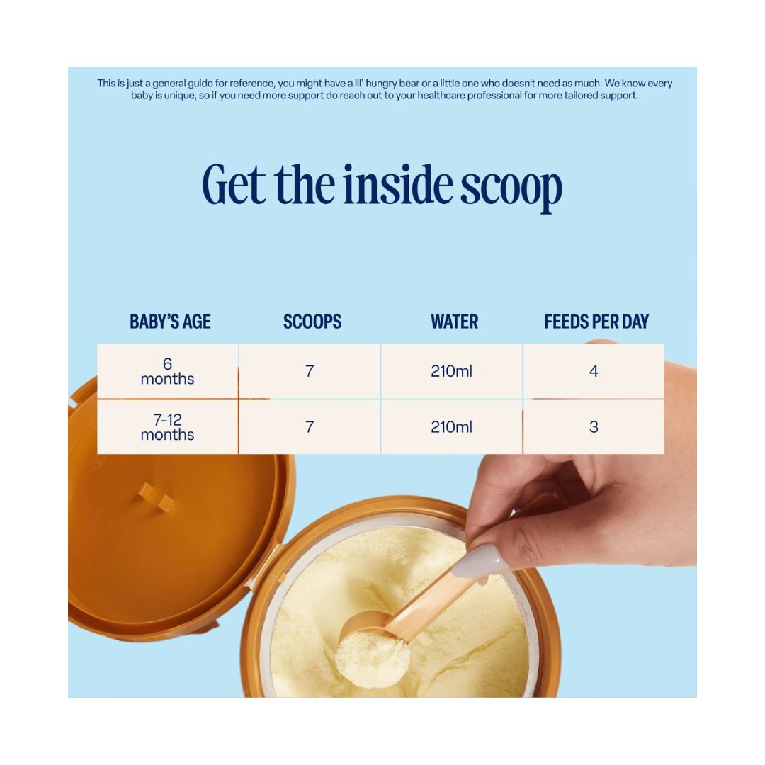 Kendamil Classic Follow On Milk Stage 2 dosage information graphic on a blue background