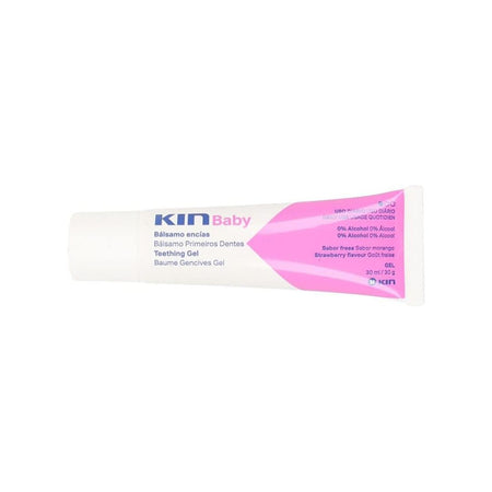 A tube of KIN Baby Bismuto encic Teething Gel with a white and pink design, shown on a plain white background.