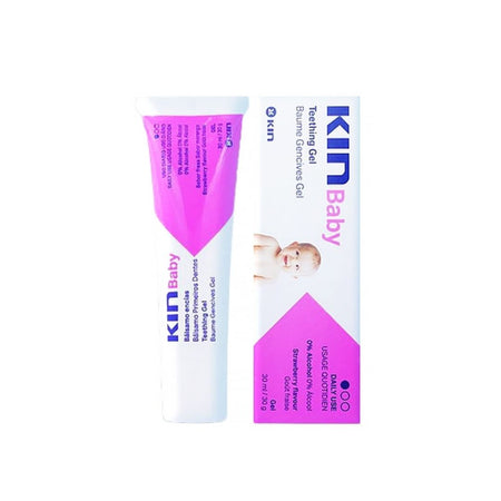 A tube and box of Kim Baby Burned Grommet Gel, featuring a white and bright pink/magenta design with a baby illustration, set against a plain white background.