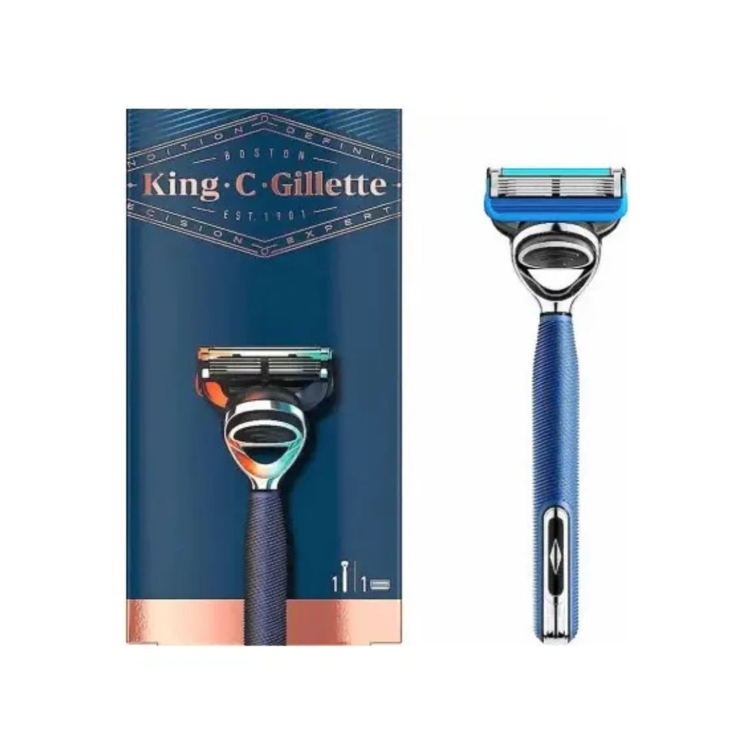 King-C-Gillette men's shaving set featuring a blue and silver razor alongside its dark blue retail box with a copper accent.
